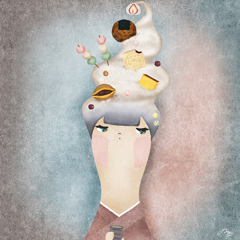 和菓子を頭に乗せた和服の女性イラスト