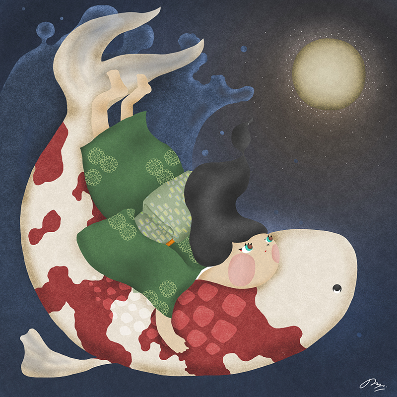 大きな鯉に抱きついて月を見る和服の女の子
