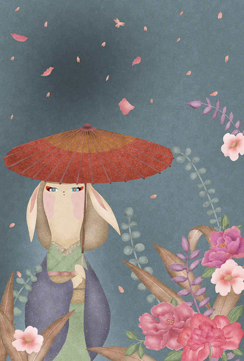 蛇の目傘をさしたウサギ耳の女の子が牡丹の花やユーカリなど綺麗な植物に囲まれているイラスト