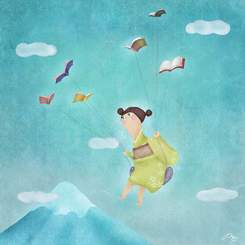 富士山の上で飛ぶ女の子と本の鳥の絵