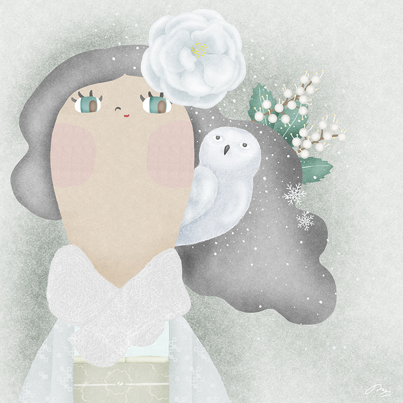 雪の中フクロウといる女の子